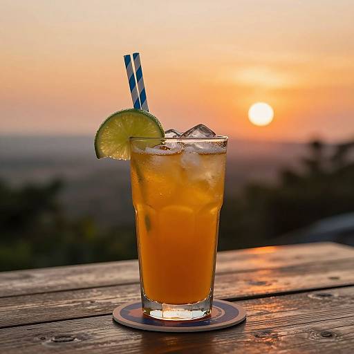 Photograph of a sunset cocktail with orange drink, lime slice, ice, and striped straw on wooden table, blurred scenic background.