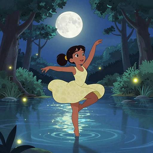 Cartoon-style drawing of a dark-skinned girl in a yellow dress dancing on a moonlit forest pond, surrounded by glowing fireflies and lush trees