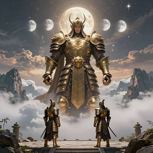 Digital art of a towering armored king with glowing horns, surrounded by moons, flanked by two smaller armored guards, in a misty mountain landscape.