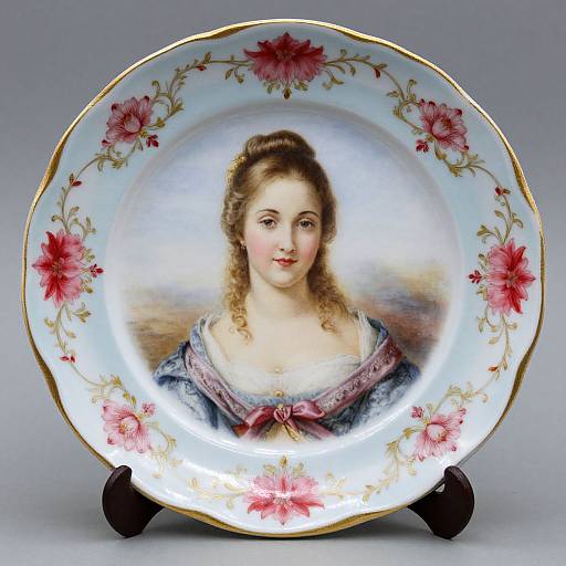 Photograph of a porcelain plate featuring a detailed painting of a young woman with curly brown hair, wearing a pink and blue dress, surrounded by pink flowers