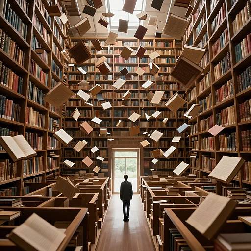 Photograph of a library with floating books, a single silhouette walking towards a bright window, surrounded by tall wooden bookshelves.