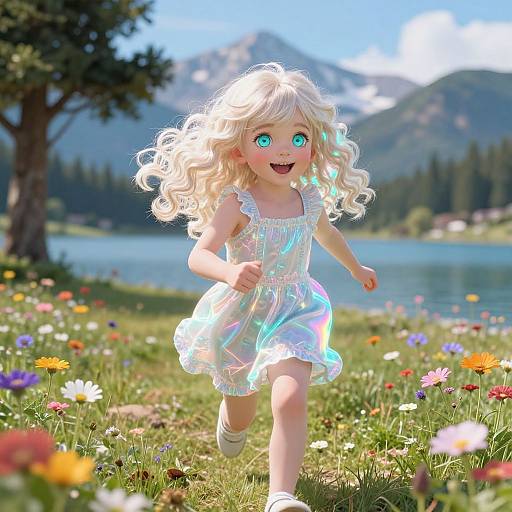 Digital artwork of a joyful, blonde, blue-eyed girl in a shimmering dress, running through a colorful meadow with mountains and lake in the background