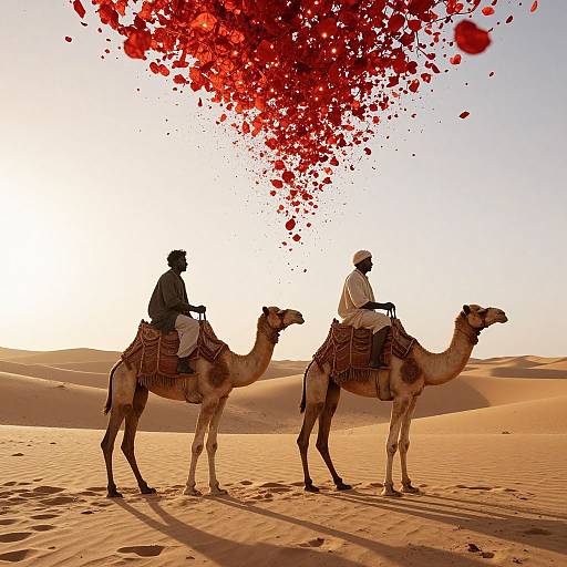 Photograph of two men riding camels in a desert, with a large burst of red rose petals falling from above.