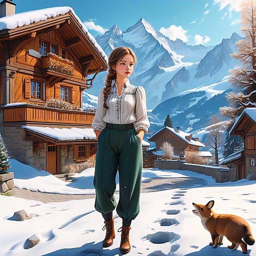 Digital illustration of a young woman with braided hair, wearing a white blouse and green high-waisted pants, standing in a snowy Alpine village with