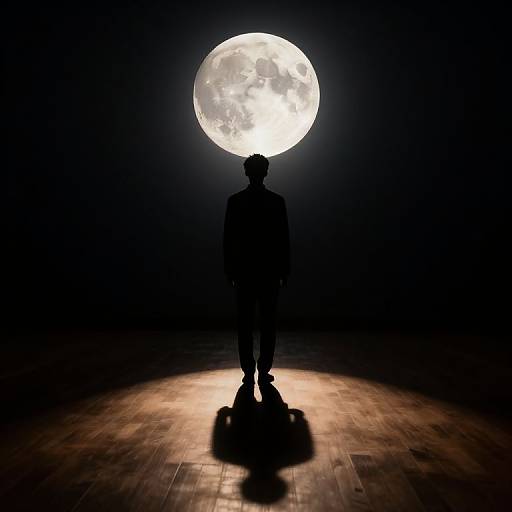 Silhouetted figure stands on wooden floor, facing glowing full moon in dark sky, casting a shadow beneath. Photographic image.