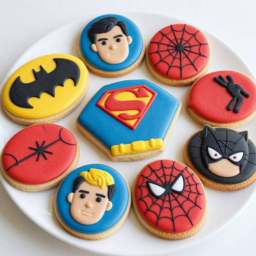 Photograph of colorful Superhero-themed cookies: Batman, Spider-Man, Superman, Captain America, and Spider-Man mask, each with detailed icing designs on