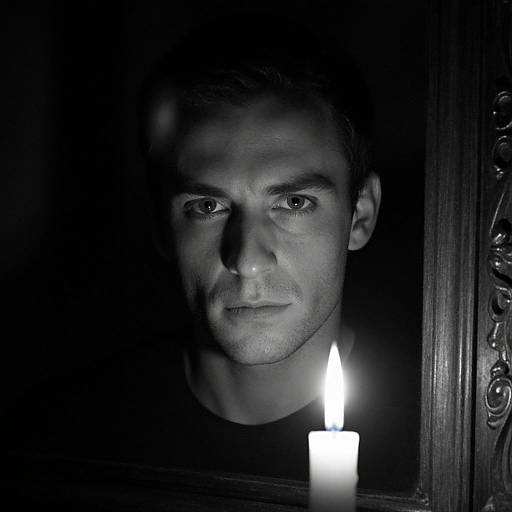 Black-and-white photograph of a serious-faced man with short hair, illuminated by a single lit candle in a dark, ornate frame.