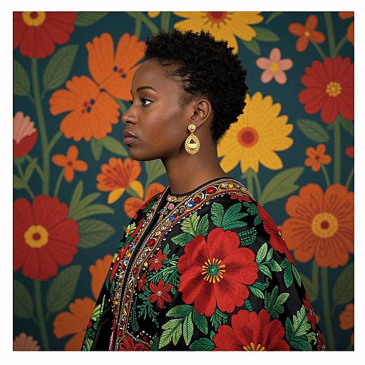 Photograph of a dark-skinned woman with short, curly hair, wearing a colorful floral robe and gold earrings, against a vibrant flower-patterned background