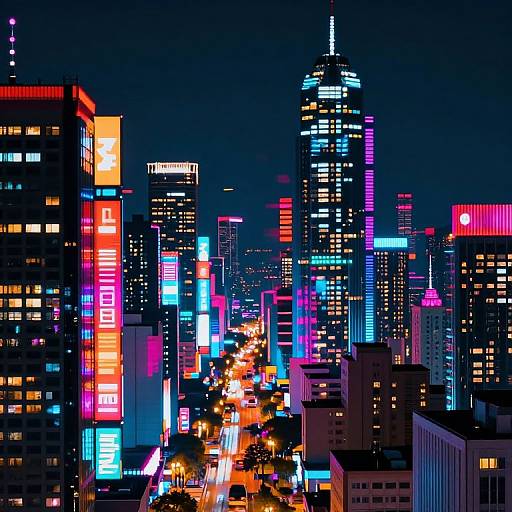 Nighttime cityscape photograph of a vibrant, neon-lit skyscraper-filled city with colorful digital billboards, bright streetlights, and a busy central
