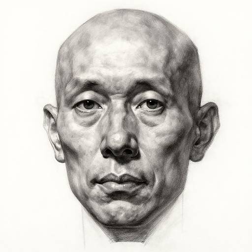 Monochromatic digital drawing of a bald, middle-aged man's face with detailed shading, realistic features, and intense expression on a white background.