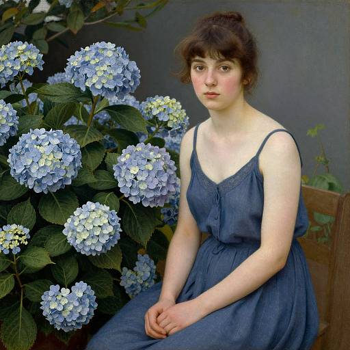 Photograph-style painting of a fair-skinned woman with brown hair in a blue dress, seated beside a lush hydrangea bush with blue flowers.