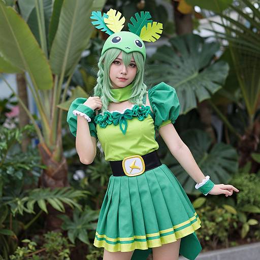 Photograph of a young woman cosplaying as a green anime character with puffed sleeves, leafy headpiece, and pleated skirt, set against
