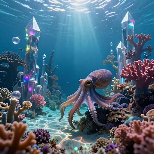 Photorealistic underwater scene with a pink octopus among colorful coral reefs, crystal towers, and sunbeams filtering through the blue water.