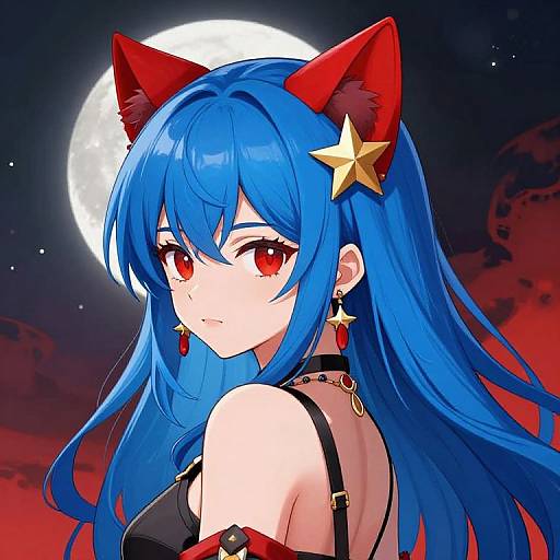 Digital anime-style illustration of a blue-haired girl with red cat ears, star hairpin, and red eyes, wearing black strap top, against a full