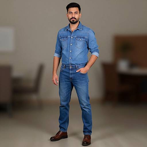 Photograph of a bearded man with short black hair, wearing a blue denim button-up shirt and jeans, standing in a blurred office room. He