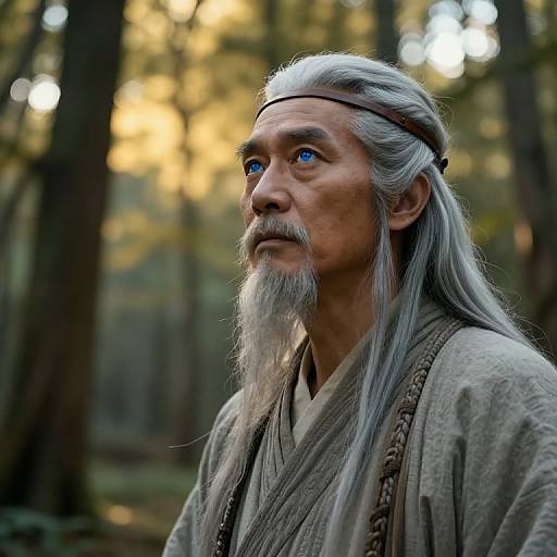Photograph of an elderly man with long white hair, blue eyes, and a gray beard, wearing a brown headband and earth-toned robe,