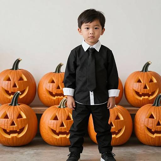 Boy in Black Tie with Pumpkins