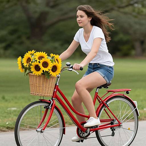 Photograph of a smiling young woman with brown hair, wearing a white shirt and denim shorts, riding a red bicycle with a wicker basket of bright