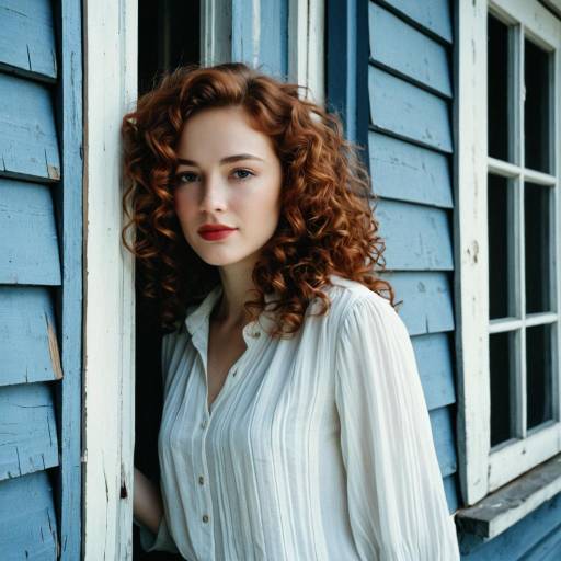 Redhead Woman in White Blouse by Blue House