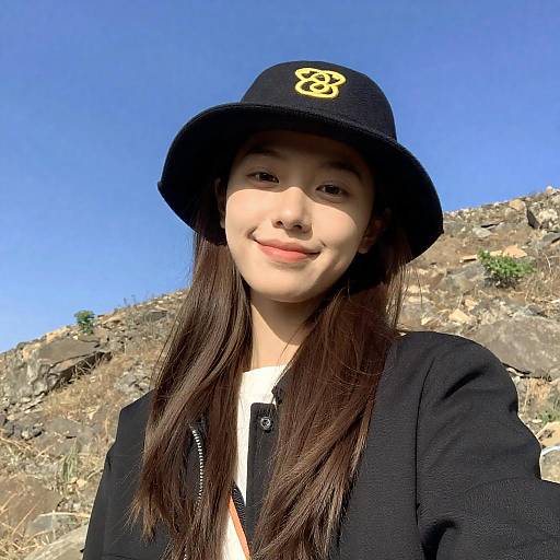 Smiling Woman in Black Hat Outdoors