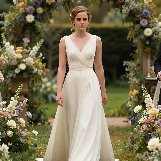 Photograph of a blonde woman in a sleeveless, white, V-neck wedding dress standing in front of a floral archway in a garden.