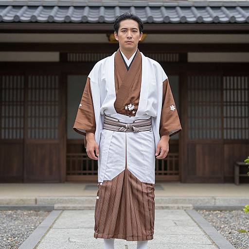 Photograph of an Asian man in traditional brown and white Korean hanbok with a white belt, standing in front of a traditional wooden building with gray