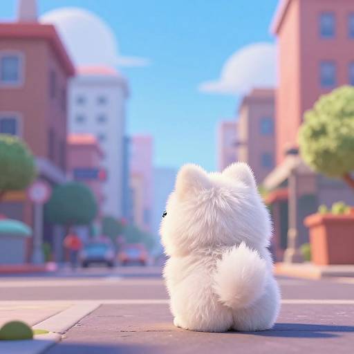 White Pomeranian Puppy Sitting in City