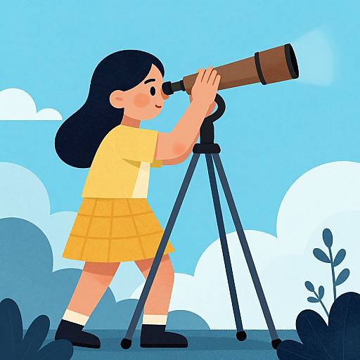 Digital illustration of a young girl with black hair, wearing a yellow dress and white socks, using a telescope on a tripod, against a bright blue sky