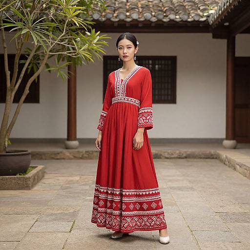 Photograph of an East Asian woman in a red traditional Korean dress with white embroidery, standing in a courtyard with bamboo and traditional Korean architecture.