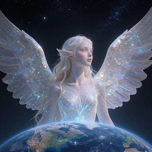 Digital art of a glowing, ethereal angel with long white hair, transparent wings, and pointed ears, standing above a glowing Earth in a starry