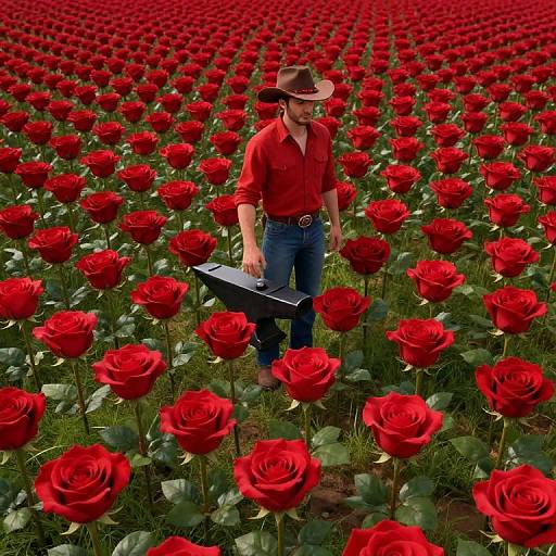 Photograph of a man in a red shirt, blue jeans, brown cowboy hat, holding a clipboard, standing in a vast red rose field.