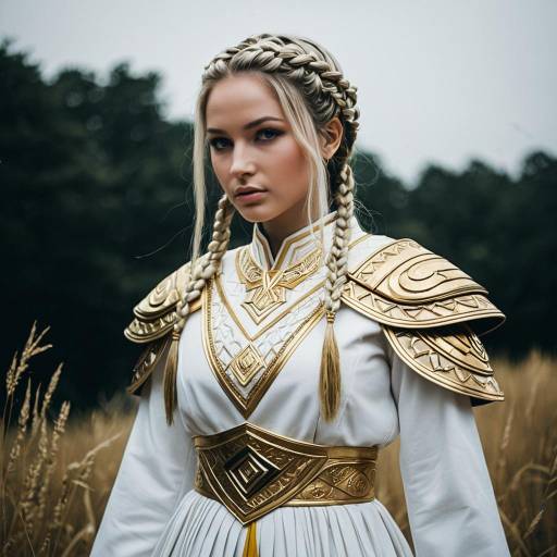 Woman in White Ceremonial Dress with Gold Armor