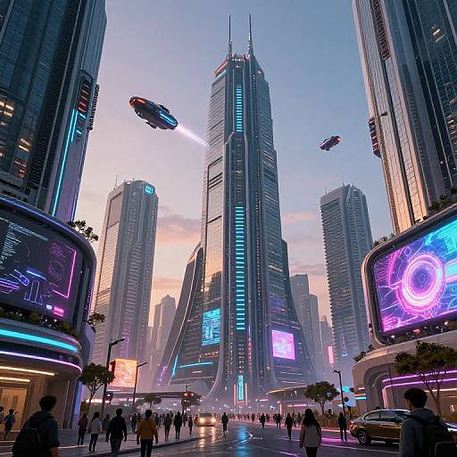 Digital artwork of a futuristic cityscape at sunset, featuring towering neon-lit skyscrapers, flying cars, and bustling crowds. Bright, colorful advertisements