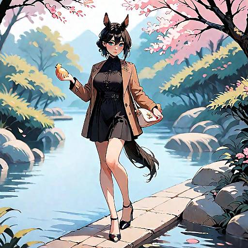 Anime-style digital drawing of a black-haired, cat-eared girl in a black dress and brown coat, walking on a stone path by a serene cherry