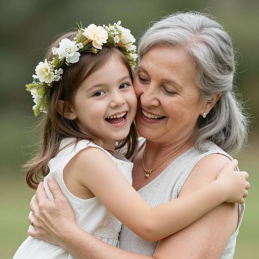 Photograph of a smiling elderly woman with gray hair hugging a young girl wearing a white dress and floral crown, both outdoors.