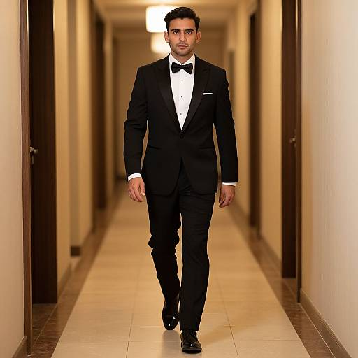 Photograph of a handsome South Asian man in a black tuxedo with bow tie, walking down an illuminated, narrow hallway.