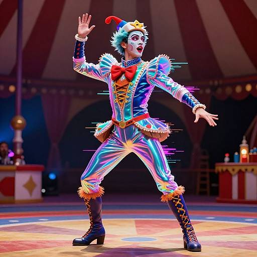 Colorful clown in sparkly, iridescent costume with red bowtie, yellow crown, and black boots, waving on circus stage. Photoreal