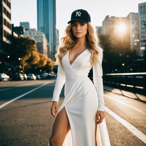 Stylish Woman in White Gown with Baseball Cap in City