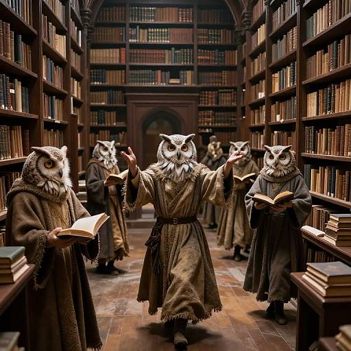 Owl-Headed Scholars in Labyrinthine Library
