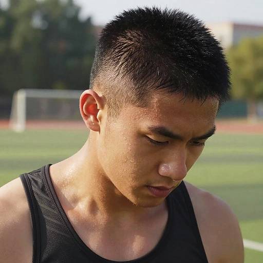 Photograph of a young Asian man with short, spiked black hair, wearing a black tank top, looking down with a focused expression, standing on a