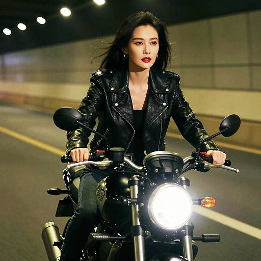 Night Ride: Asian Woman on Motorcycle