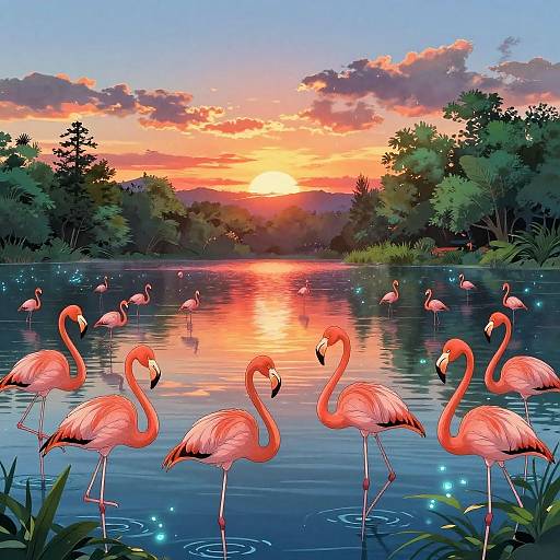 Sunset Lake with Flamingos