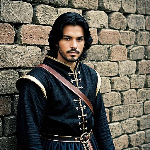 Medieval Man in Black Outfit by Stone Wall