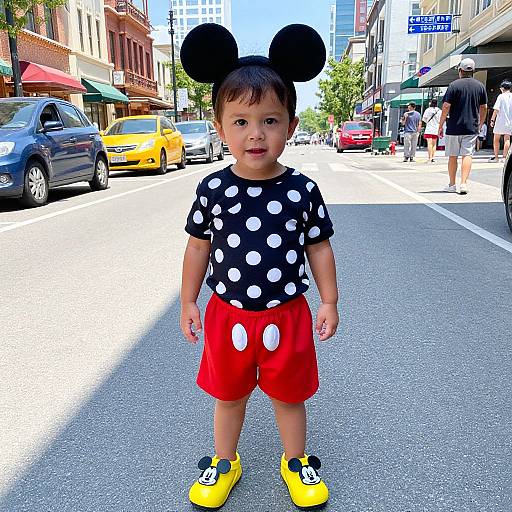 Photograph of a toddler with dark skin, wearing a black polka dot shirt, red shorts, black Minnie Mouse ears, and yellow shoes,