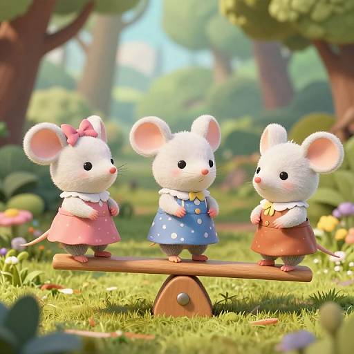 CGI image of three adorable white mice in cute dresses balancing on a seesaw in a sunny, colorful forest.