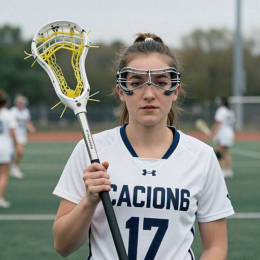 Photograph of focused female lacrosse player in white 