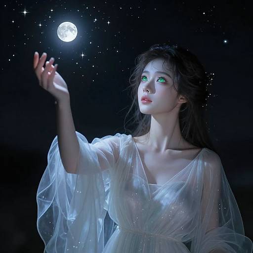 Digital artwork of a pale, green-eyed woman with long dark hair, wearing a sheer white dress, reaching towards a glowing full moon in a starry