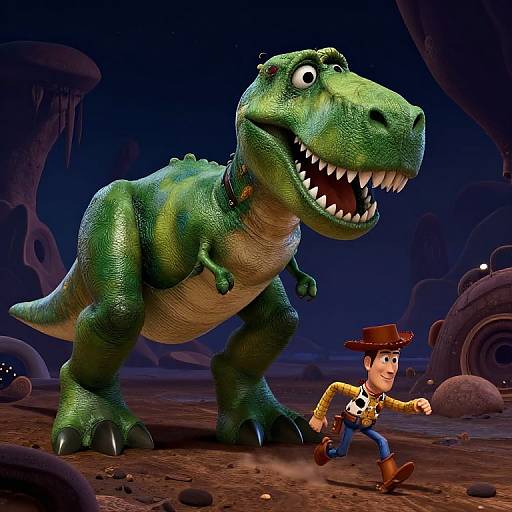 CGI image of a cartoon green T-Rex with sharp teeth and a collar, chasing a frightened cowboy in a brown hat and yellow shirt across a