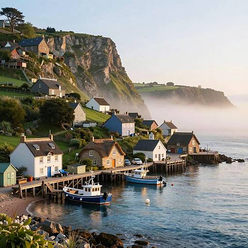 Serene Seaside Village at Dawn