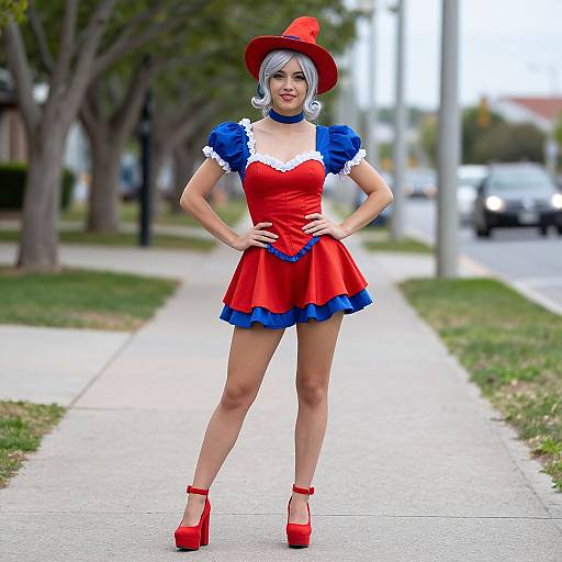 Photograph of a woman in a vibrant red and blue Little Red Riding Hood cosplay, standing confidently on a suburban sidewalk.